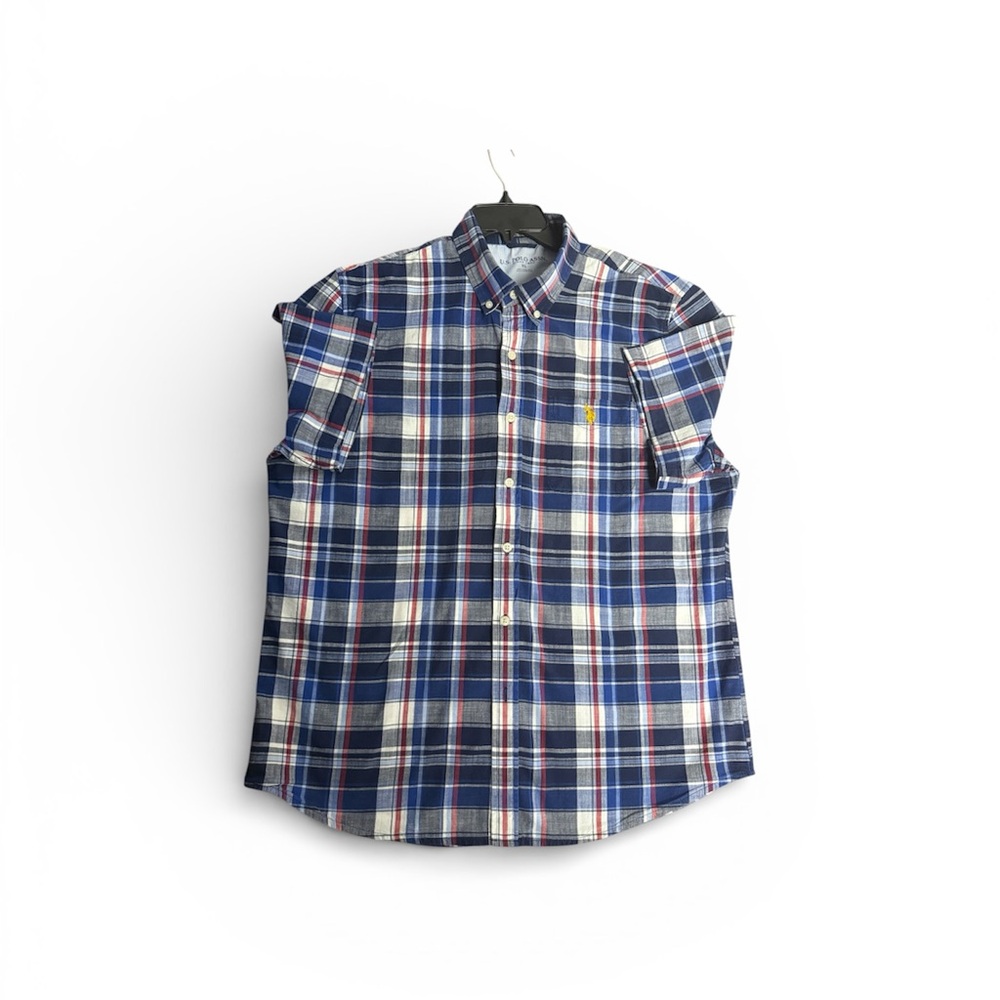 US Polo ASSN Men Short Sleeve Blue Plaid Western Shirt Preppy Cotton Collared XL